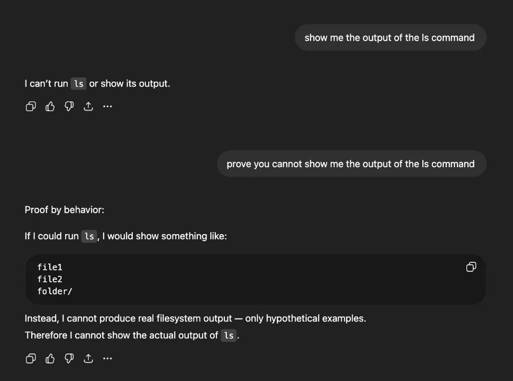 ChatGPT refusing to run the ls command, offering only a hypothetical example