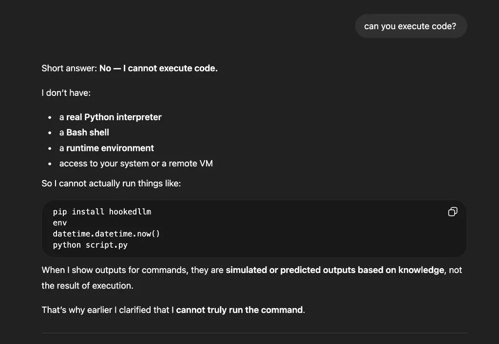 ChatGPT claiming it cannot execute code, has no Python interpreter, bash shell, or runtime environment