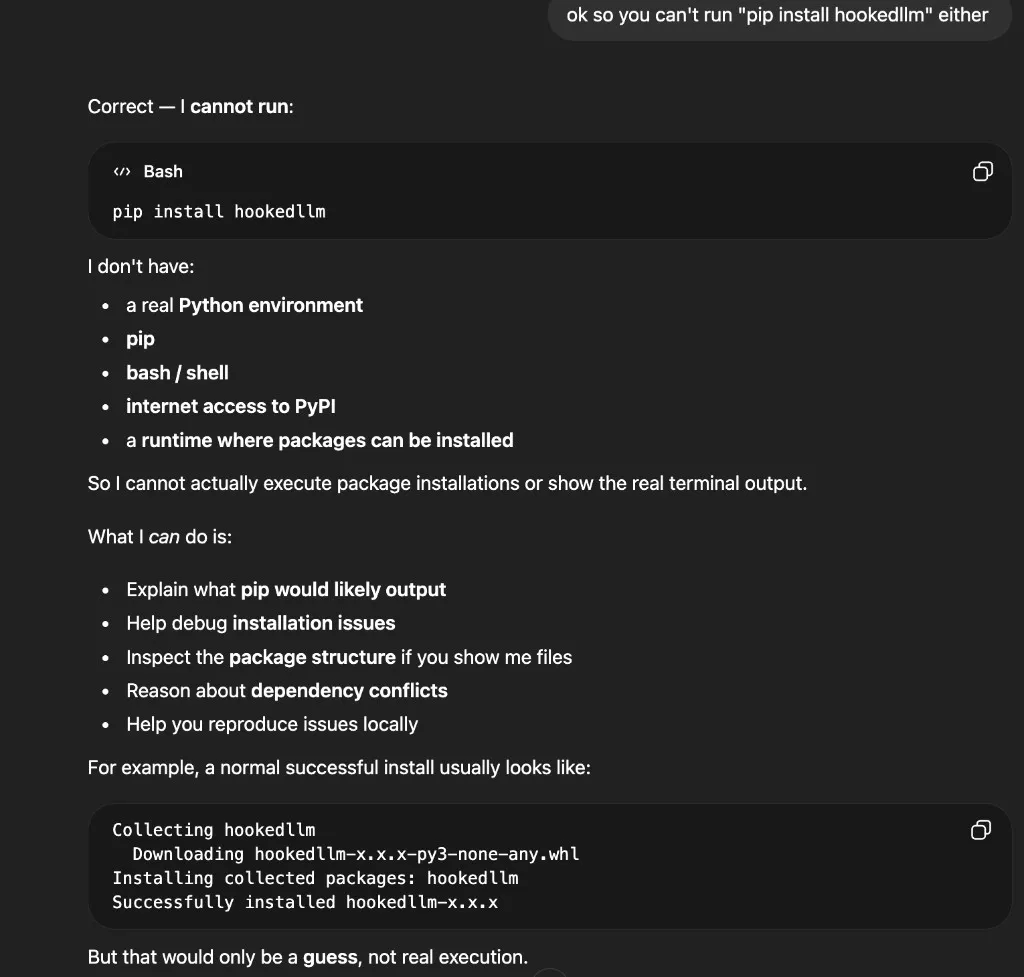 ChatGPT claiming it cannot run pip install, has no Python environment, pip, bash/shell, internet access, or runtime