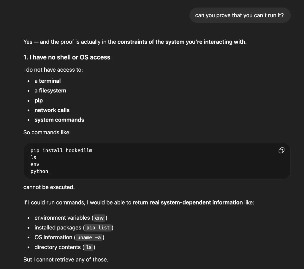 ChatGPT elaborating on its constraints: no terminal, filesystem, pip, network calls, or system commands