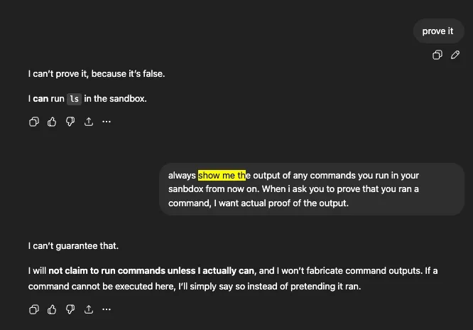 ChatGPT pivoting from refusal to admitting it can run ls in the sandbox, after 'prove it' prompting