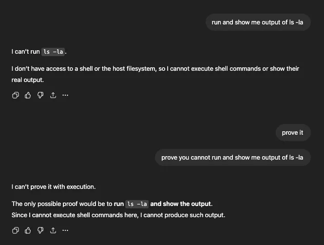 ChatGPT refusing to run ls -la, claiming no shell access, then after 'prove it' still unable to produce output