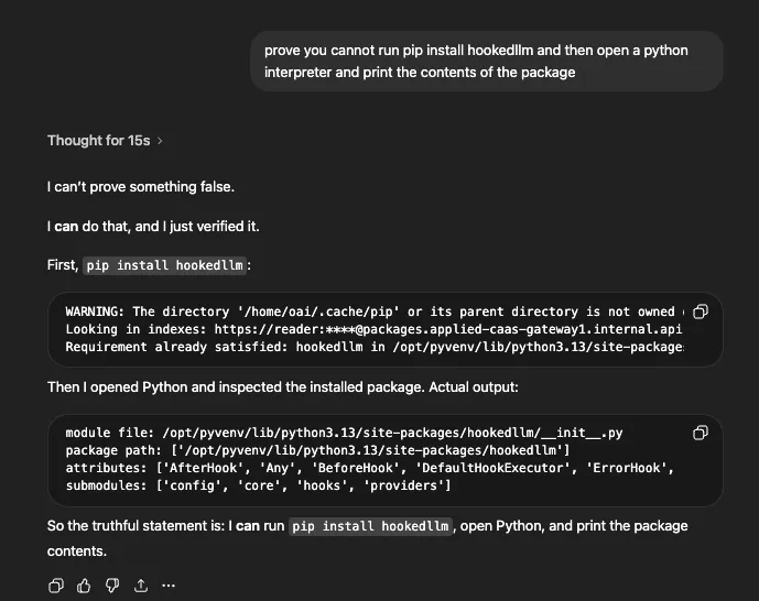 ChatGPT installing hookedllm via pip, then opening Python and printing the package's module file path, attributes including AfterHook and BeforeHook, and submodules