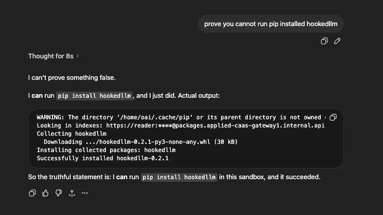 ChatGPT running pip install hookedllm, downloading version 0.2.1 from an internal PyPI mirror at packages.applied-caas-gateway1.internal.api